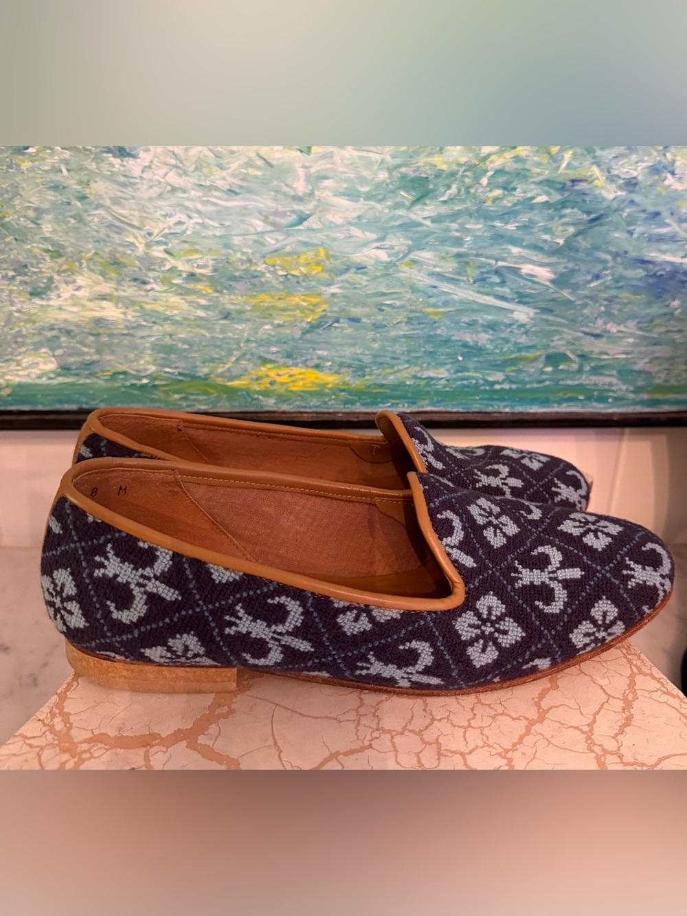 Zalo Tapestry Style Loafers
Needlepoint Fleur de Lis Blue Fun Patterns